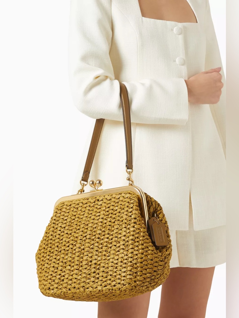 NWT Coach Kisslock Frame Bag 27 Brass Muted Olive Raffia